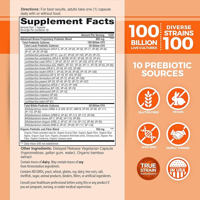 Vital Planet - Vital Flora Advanced Biome Probiotic 100 Billion CFU, 100 Diverse Strains, 10 Organic Prebiotics, Immune Support, Colon and Digestive Health Probiotics for Women and Men 30 Capsules