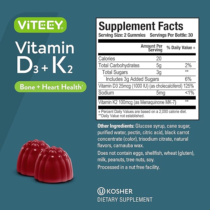 VITEEY Vitamin D3 K2 Gummies - 1000 IU Vitamin D3 and K2 100mcg - Bone & Heart Health for Adults and Teens - Vegetarian, Gelatin Free, GMO Free - Tasty Chewable D3K2 Vitamins Strawberry Flavored Gummy