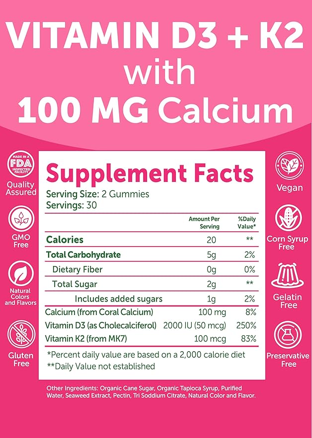 Lunakai USA Made Vitamin D3 K2 Gummies with Calcium for Women, Men & Kids - 3-in-1 Supplement for Wellness and Immune Support, Vegan 60ct