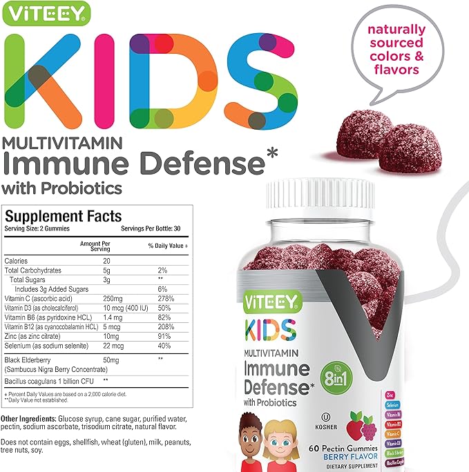 Viteey Kids Multivitamin Gummies with Probiotics - 8-1 Kids Vitamins for Immune Health Support with Vitamin C, D3, B12, B6, Zinc, Elderberry, Selenium - Vegetarian - Chewable Tasty Berry Flavored