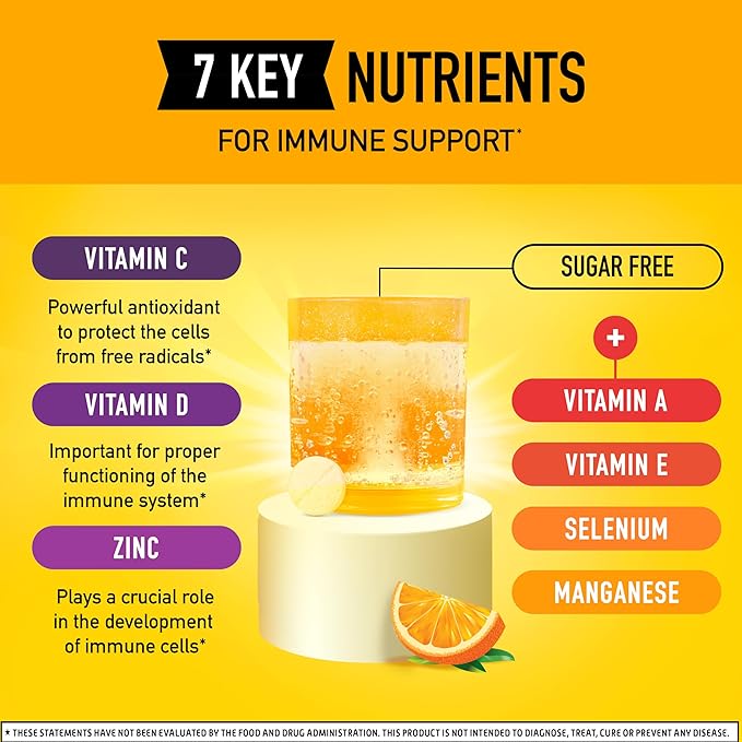 Airborne 1000mg Vitamin C with Vitamin D & Zinc, Sugar Free Multivitamin Immune Support Supplement, Antioxidants Vitamins A C & Vitamin E, 30 Effervescent Tablets, Zesty Orange Flavor
