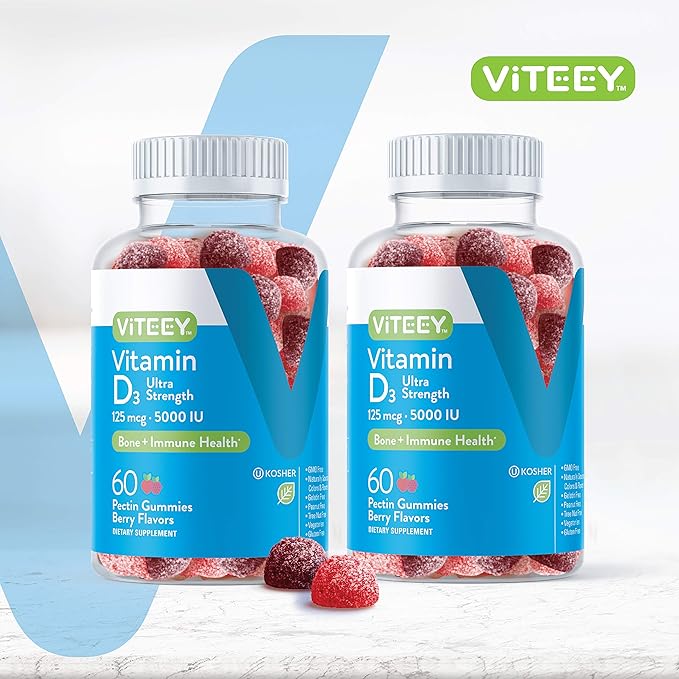 Viteey Vitamin D3 Gummies for Adults & Teens - 5,000 IU, 125mcg, Ultra Strength - Joint & Muscle Health, Immune Boost - Chewable Vitamin D Gummies - Vegetarian, Gelatin Free - Tasty Berry Flavored