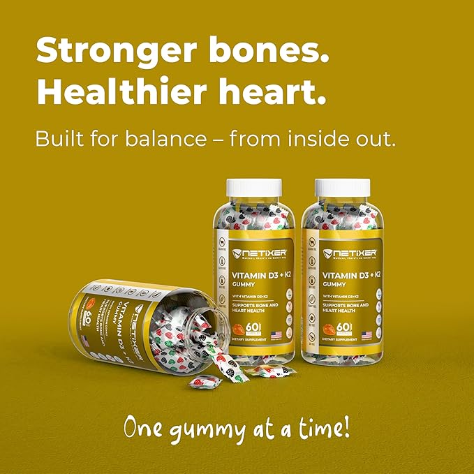 Vitamin D3 + K2 Gummies β Bone & Heart Support β with 10 mcg D3 (Cholecalciferol) & 55 mcg MK-7 K2 β Vegan, Gluten-Free, Gelatin-Free β Orange Flavor β Non-GMO β 60 Gummies β Allergen-Free