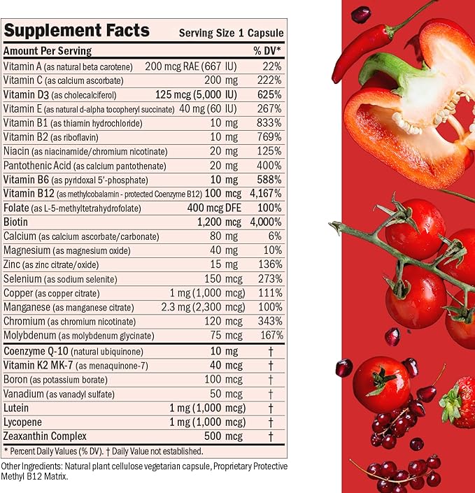 ANDREW LESSMAN Essential-1 Multivitamin 5000 IU Vitamin D3 180 Small Capsules - 100 mcg Methyl B12. CoQ10 Lutein Lycopene Zeaxanthin. High Potency. No Additives. Ultra-Mild. One Daily Capsule