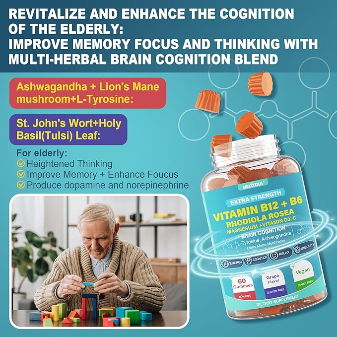 Focus Memory & Energy Gummies, L-Tyrosine + Methyl B12 1000mcg, B6 50mg, D3 C, Lion's Mane Mushroom, for 15+ Students, Office Worker, Multivitamin, Herb Blend for Seniors Brain & Cognition, 1 Pack