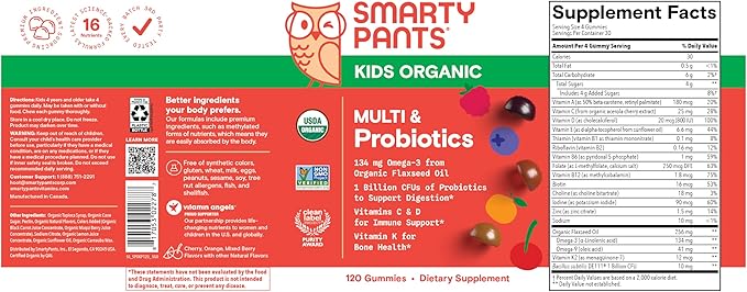 SmartyPants Organic Kids Multivitamin Gummies: Probiotics, Omega 3 (ALA), Vitamin D3, C, Vitamin B12, B6, A, K & Zinc for Immune Support, Biotin, Three Fruit Flavors, 120 Count (30 Day Supply)