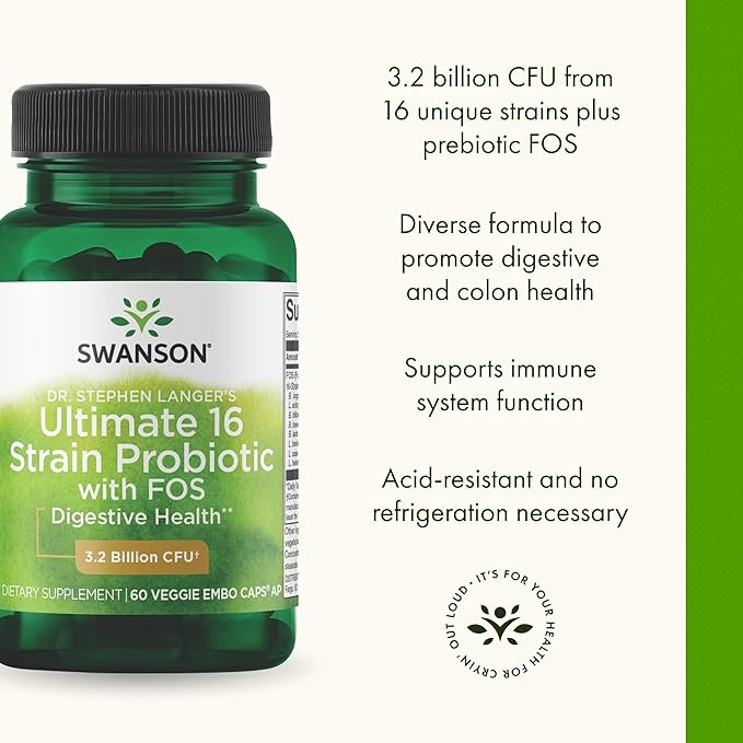 Swanson Dr. Stephen Langer's Formula - Natural Probiotic w/Prebiotic FOS - 16-Strain Supplement Promoting Digestive Support w/ 3.2 Billion CFU per Capsule - (60 Veggie Capsules)