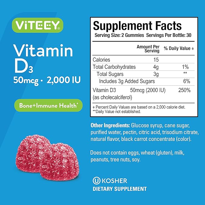 Viteey Vitamin D3 Gummies for Adults & Teens - 2,000 IU, 50mcg, Regular Strength - Muscle Health, Immune Boost - Chewable Vitamin D Gummies - Vegetarian, Gelatin Free - Tasty Berry Flavored Gummy