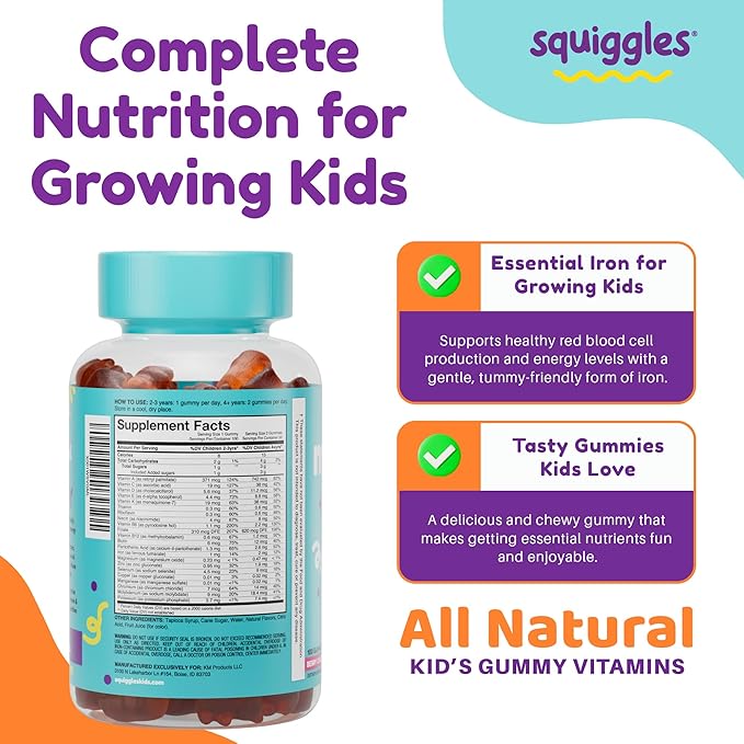 Squiggles Kids Multivitamin + Iron Gummies - Low Sugar Gummy Vitamins with Iron Supplements for Kids - Broad Spectrum of Vitamins and Minerals, Chewy, Yummy Berry Flavor (100 Count)