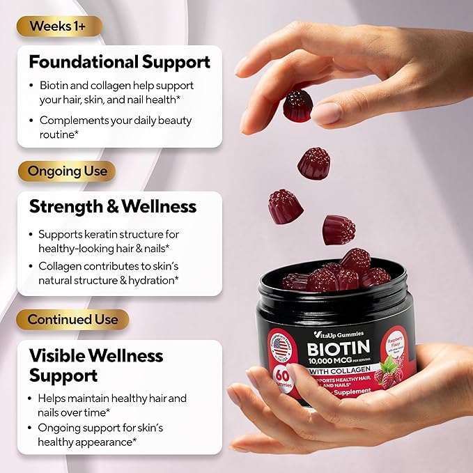 Biotin Gummies 10000mcg for Women and Men - Extra Strength Hair, Skin and Nails Gummies with Collagen - Natural Biotin Gummy Supplement for Hair, Skin, Nails Support - 60 ct
