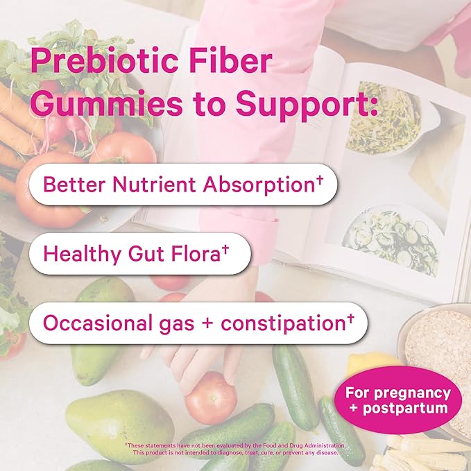 Pink Stork Prenatal Fiber Gummies for Women - 3g Prebiotic Inulin from Chicory Root - Natural Pregnancy & Postpartum Stool Softeners for Constipation & Digestive Health - 60 Vegan Fiber Chews