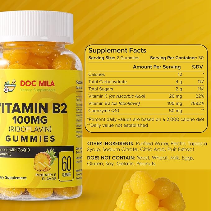 Vitamin B2 100mg Gummies for Adults and Kids - Riboflavin 100 mg Gummy - Migraine Relief Supplement - VIT B2 Supplements