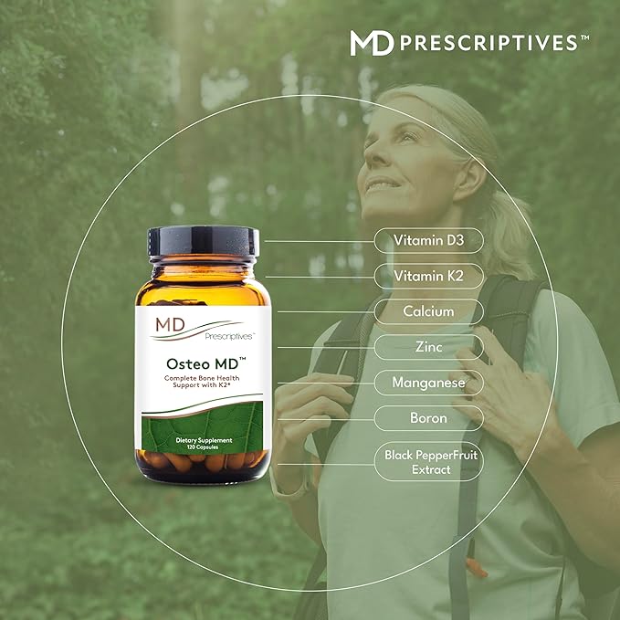 Osteo MD Bone Health Supplement - Complete Support for Strength & Mass, with Natural Vitamin D3 & K2, Calcium, & Zinc - 60 Capsules
