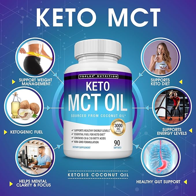 Toplux Keto MCT Oil Capsules - 3000mg Natural Pure Coconut Oil Extract Pills, Source of Energy, Easy to Digest for Men Women, 90 Softgels, Supplement