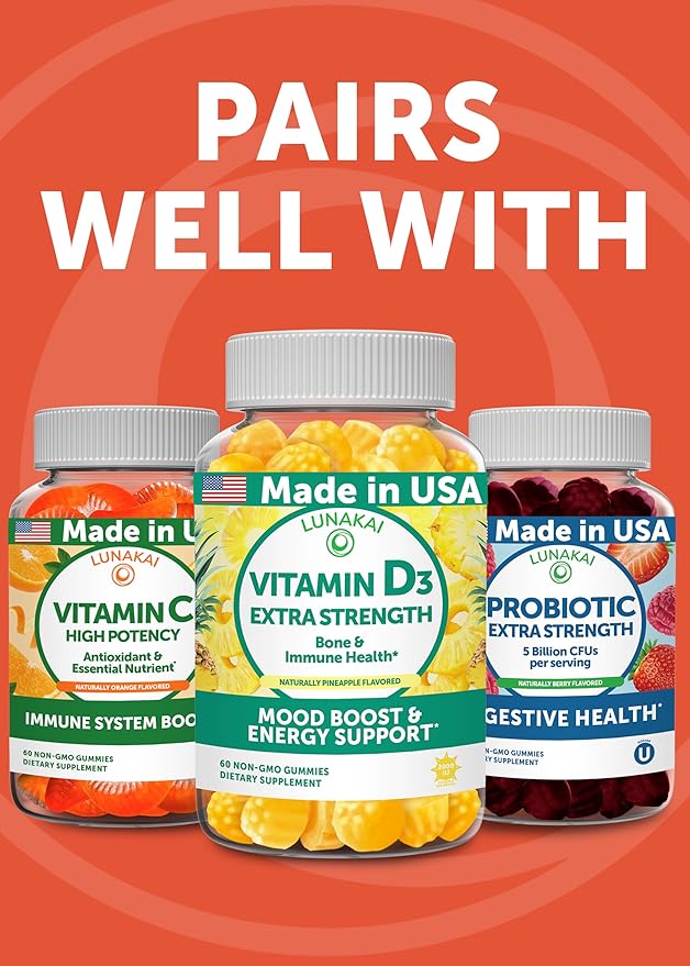 Lunakai USA Made Calcium Gummies with Magnesium, Zinc, Vitamin D3 & K2 for Women, Men & Kids – Delicious Calcium Magnesium Zinc D3 Supplement for Bone, Muscle & Immune Support, 60ct