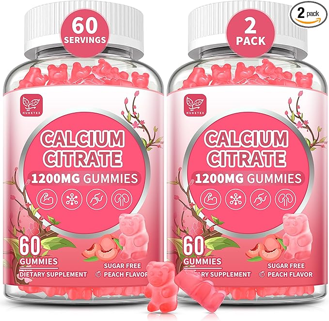 (2 Pack) Calcium Citrate 1200 mg Gummies for Women & Men,Calcium Supplements for Women,High Absorption for Bone Muscle Healthy - Easy to Digest, Sugar Free,Vegan,Peach Flavor,60 Day Supply