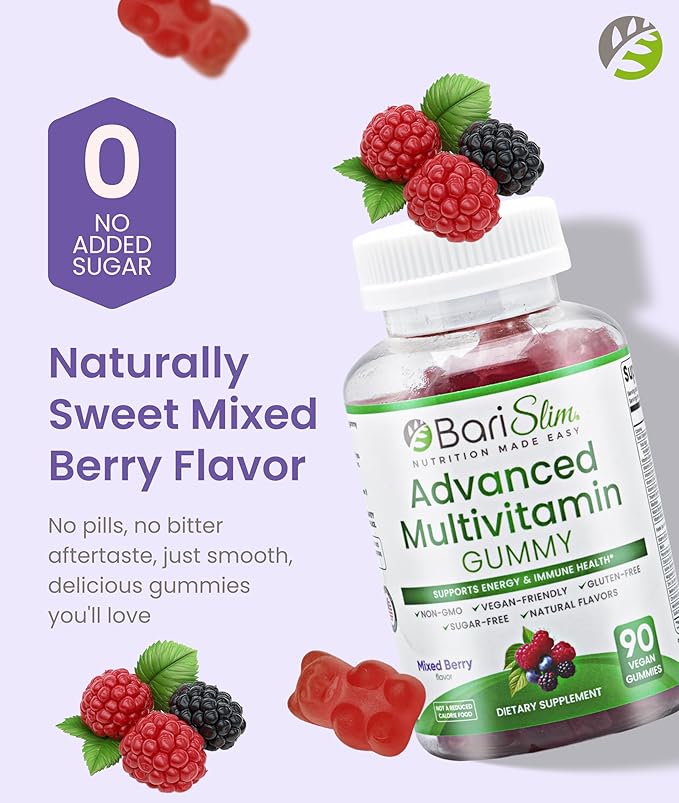 BariSlim Advanced Bariatric Multivitamin Gummies - Specially Formulated Bariatric Vitamins for Patients After Weight Loss Surgery - Supports Energy & Immune Health | Mixed Berry (90 Vegan Gummies)