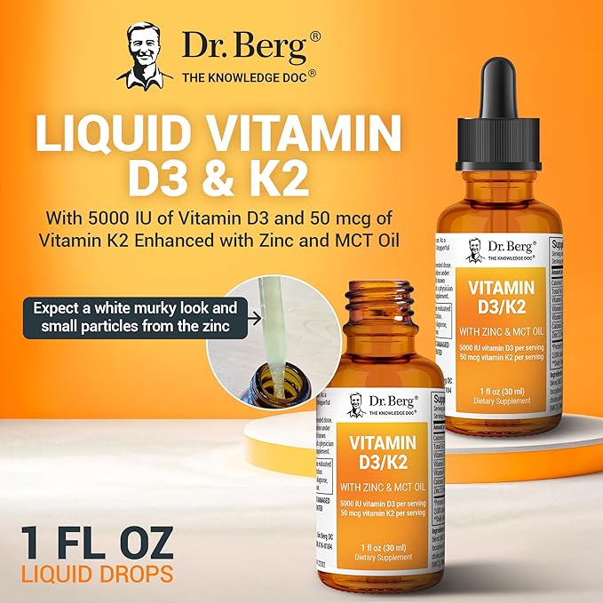 Dr. Berg Liquid Vitamin D3 & K2 Supplement with Zinc - for Bone, Teeth, Mood & Immune Health* - Vitamin D3 & K2 Drops for Adults - 1 fl oz