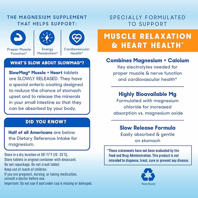 SlowMag Mg Muscle + Heart Magnesium Chloride with Calcium Supplement, 60 Count