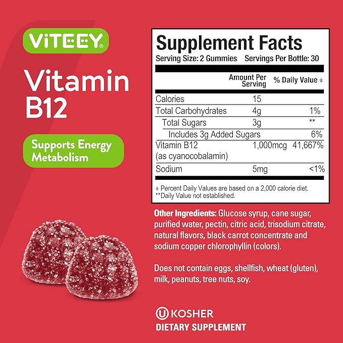 Viteey Vitamin B12 Gummies for Adults & Teens 1000mcg - Good for Energy, Metabolism, Natural Energy, Immune System Support - Vegan, Gelatin Free, Gluten Free - Tasty Chewable Raspberry Flavored Gummy