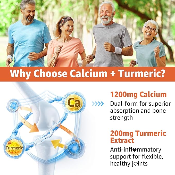 Calcium 1200 mg with Vitamin D3 Gummies - Calcium + Turmeric Supplement for Women and Men with Vitamin K2 B12 - Support Bone & Muscle - Sugar Free - Vegan (60 Count)