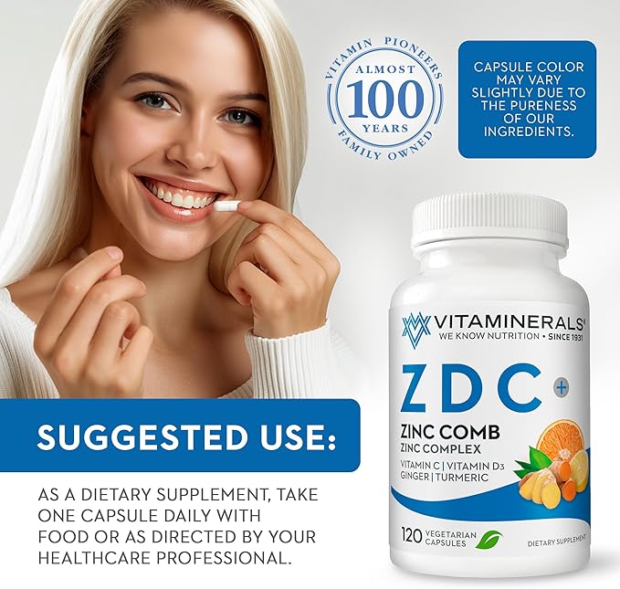 Vitaminerals® Z D C, Zinc Complex 50mg | Vitamin D3 250mcg | Vitamin C 500mg | Ginger | Lysine | Turmeric | Vegetarian Capsules| 120 Servings