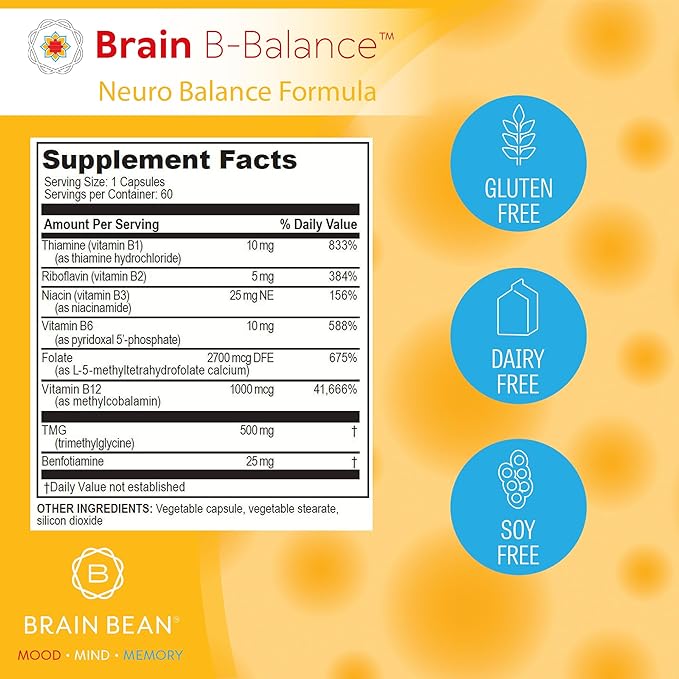 Brain B Balance: Methylated Multivitamin - Methylated B Complex Neurobalance Formula - Methylfolate Supports Mood.Mind.Memory - 60 Vegan Capsules