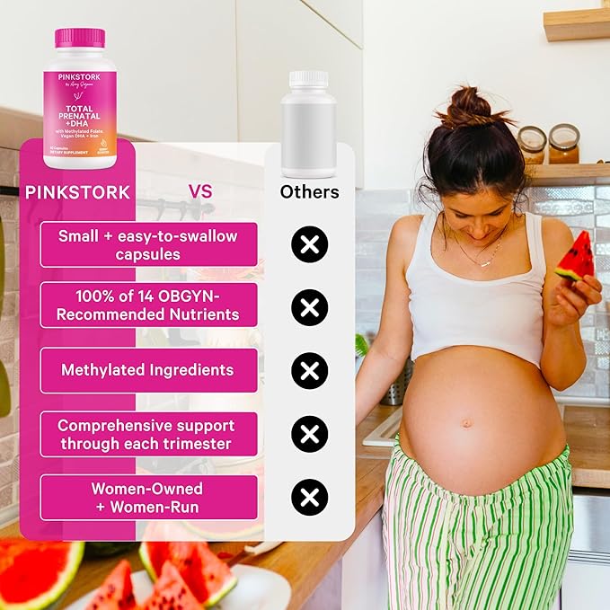 Pink Stork Total Prenatal Vitamins with DHA, Folate, Iron, Choline, and Vitamin B12 - Prenatals for Women to Support Fetal Development, Pregnancy Essentials, Berry Essence, 60 Capsules, 1 Month Supply