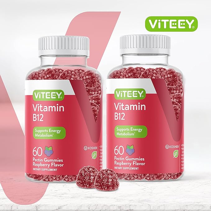 VITEEY Vitamin B12 Gummies for Adults & Teens 1000mcg - Good for Energy, Metabolism, Natural Energy, Immune System Support - Vegan, Gelatin Free, Gluten Free - Tasty Chewable Raspberry Flavored Gummy