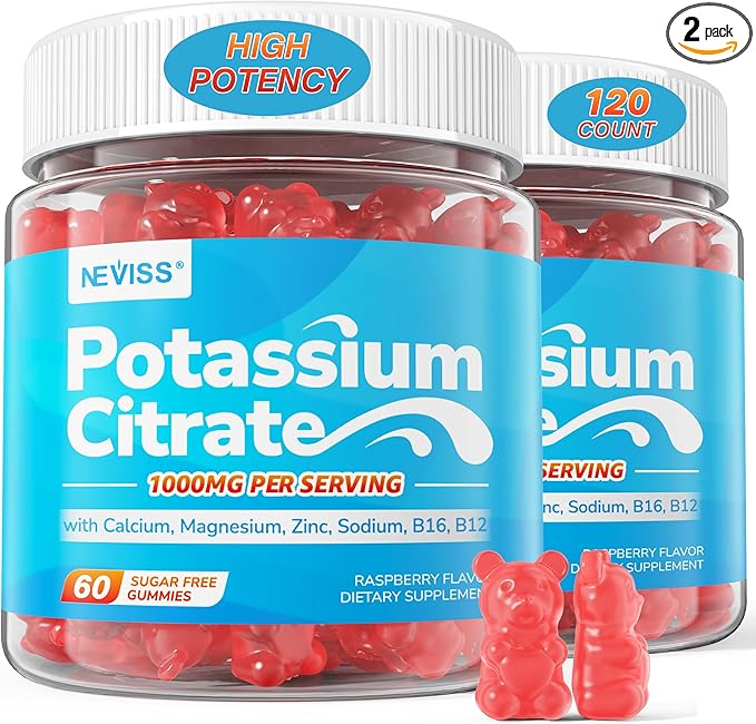 Potassium Citrate 1000mg Gummies, Potassium Magnesium Supplement + Calcium, Zinc, Sodium, Vitamin B6, B12, Support Leg Cramps, Electrolyte Balance, Body Performance, Energy Boost, Sugar Free, 120 Cts