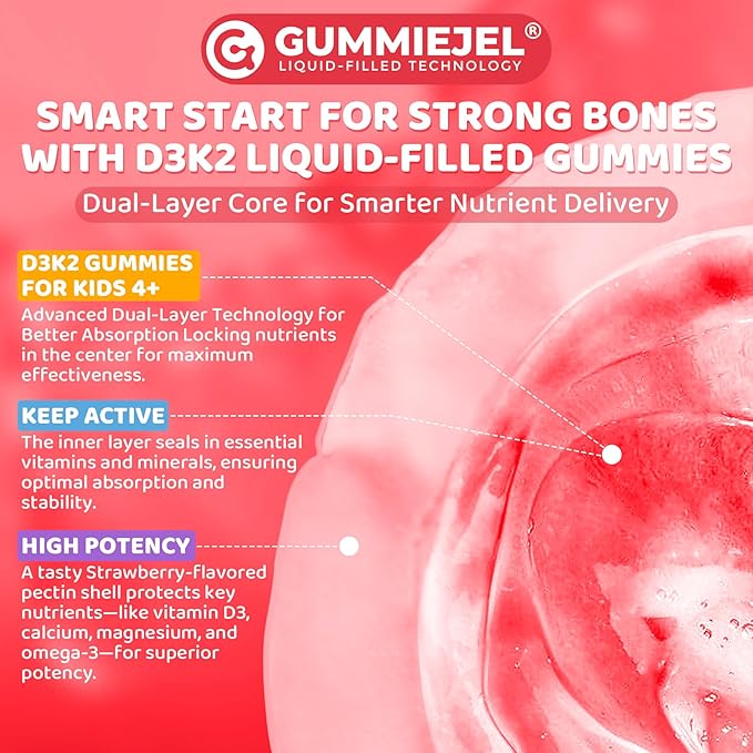 Vitamin D3 K2 + Calcium Liquid-filled Gummies for Kids & Teens, 1000IU/2000IU D3 with Magnesium, Algal Omega 3, Vitamin for Kids for Bones & Teeth, Calcium Absorption, Brain, Immunity,Sugar-Free,2Pack
