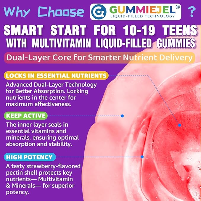 Multivitamin Filled Gummies for Teen Boys Girls 12-17, 18, 19, Kids 10+ Multivitamin with Omega 3, Calcium + Magnesium + Zinc, Multi-Minerals for Adolescent 10-19S Brain, Bone, Energy, Immune