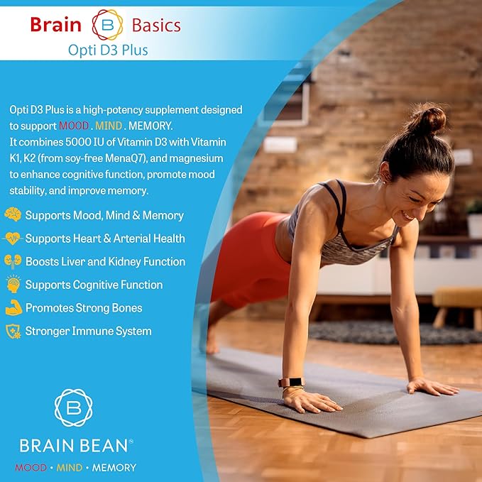 Brain Basic Opti D3 Plus - Vitamin D3 5000 IU with K1, K2, and Magnesium - Brain Support Supplement for Mood, Mind, Memory - Bone, Muscle, and Immune Health - Gluten Free, Soy Free, and Dairy Free
