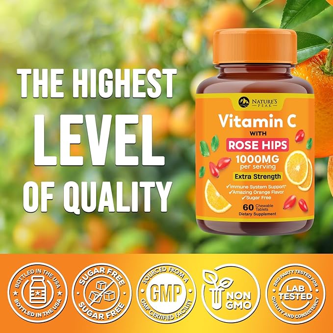 Vitamin C 1000mg Chewable Supplement - Extra Strength Immune Support Vitamin C Dietary Supplement with Rose HIPS, Nature's VitaminC Antioxidant Support, Natural, Vegan, Orange Flavor - 60 Tablets
