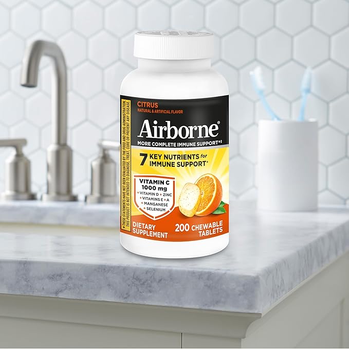 Airborne 1000mg Vitamin C with D and Zinc, Multivitamin Immune Support Supplement with Antioxidants A, C, and E, 200 Chewable Tablets, Citrus Flavor