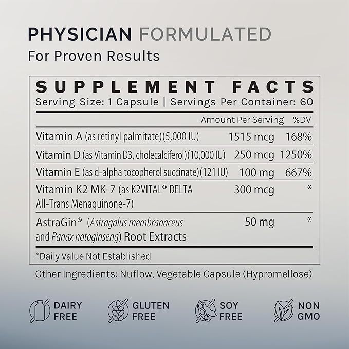 InfiniWell Defend Pro Bone & Immune Support Supplement - Vitamin A, D3 & K2 Supplement - Bioavailable, Active Nutrients - 250mcg VIT D - Aid Bone Strength, Heart Health & More (60 Capsules)