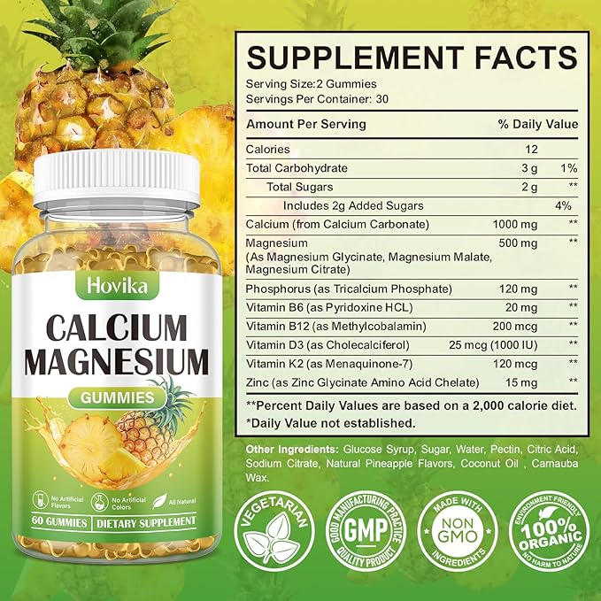 Calcium Magnesium Zinc Gummies, Calcium Magnesium 2:1 Ratio with Vitamin D3, K2, B6, B12 for Bone Strength, Muscle Function & Nerve Health, Extra Absorption Formula, Vegan, Pineapple Flavor 60 Gummies