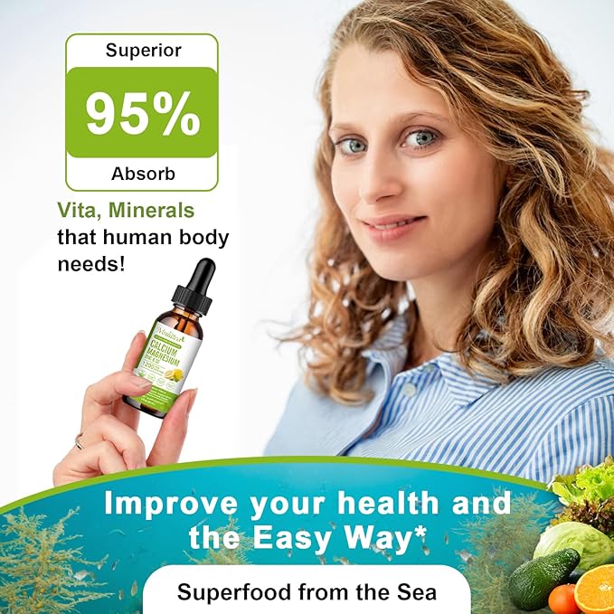Calcium Magnesium Zinc Liquid with Vitamin D3, Magnesium Glycinate Plus Vitamin C K2| High Absorption Plant Calcium Supplement for Heart & Bone| Gluten Free,Sugar-Free | 30 Servings | Lemon Flavor
