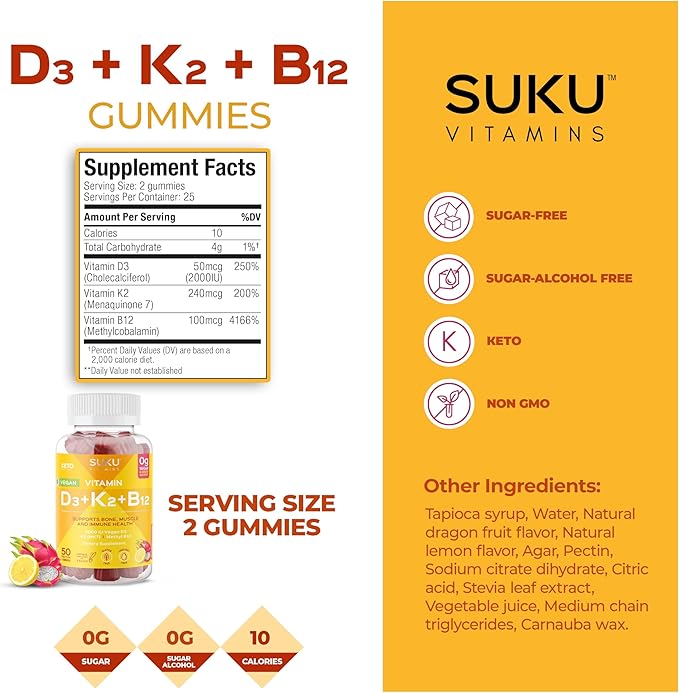 Vegan D3 + K2 + B12 Sugar-Free & Sugar-Alcohol-Free Keto 2000IU Vitamin D Gummy Supplement for Healthy Bones, Immune Function, Healthy Metabolism, Lemon Dragon Fruit Flavor (50 Gummies)