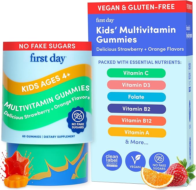 First Day Kids Multivitamin Gummies Age 4+, Strawberry & Orange - Kids Vitamins Multivitamin Gummy A C D3 K2 B1 B2 B6 B12 Folate, Immunity & Brain Function, Vegan - 30 Day Supply, Packaging May Vary