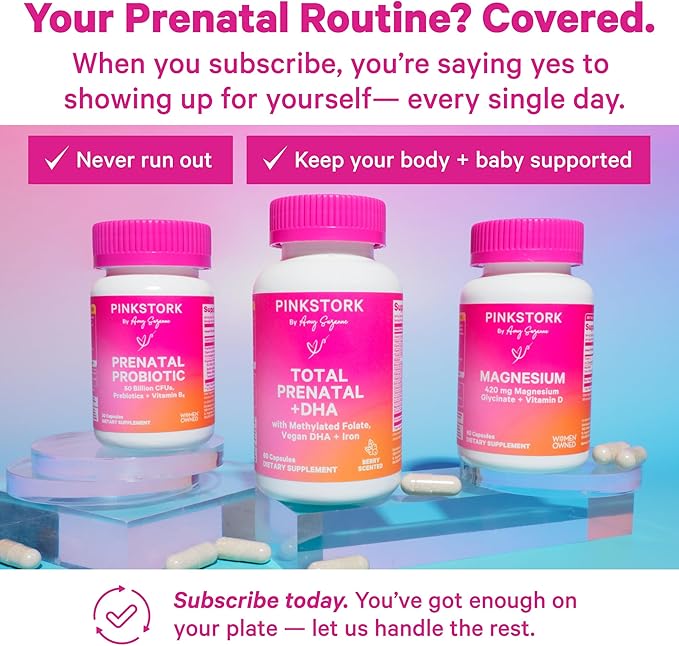 Pink Stork Total Prenatal Vitamins with DHA, Folate, Iron, Choline, and Vitamin B12 - Prenatals for Women to Support Fetal Development, Pregnancy Essentials, Berry Essence, 60 Capsules, 1 Month Supply