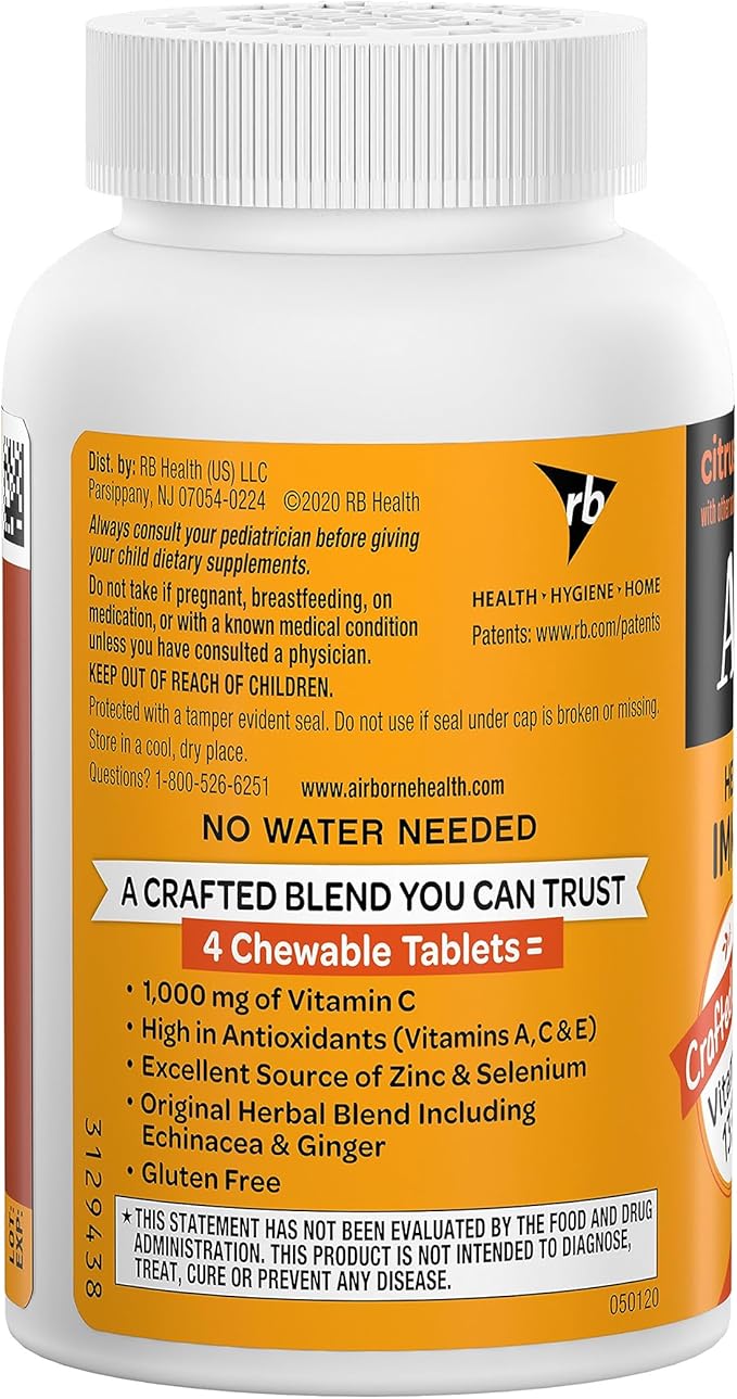 Airborne Vitamin C 1000mg (per Serving) - Citrus Chewable Tablets (96 Count in a Box) - Packaging May Vary