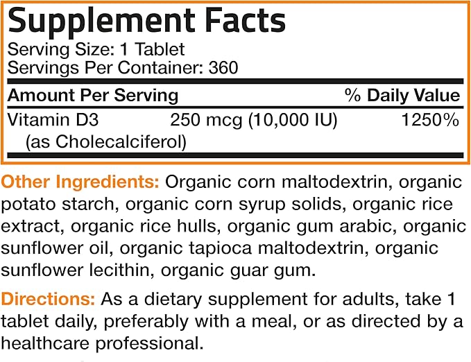 Bronson Vitamin D3 10,000 IU (250 mcg) Certified Organic High Potency Non-GMO Vitamin D Supplement, 360 Tablets