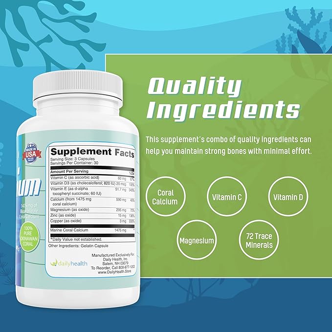 Pure Okinawa Coral Calcium - Marine-Grade Supplement with 72 Trace Minerals - 1475mg, 540 Vegetable Capsules (6 Month Supply)