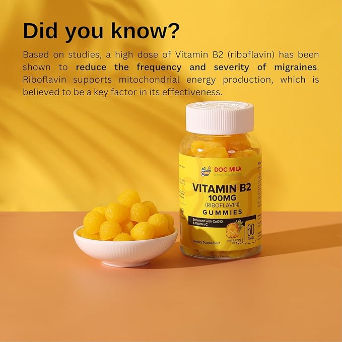 Vitamin B2 100mg Gummies for Adults and Kids - Riboflavin 100 mg Gummy - Migraine Relief Supplement - VIT B2 Supplements