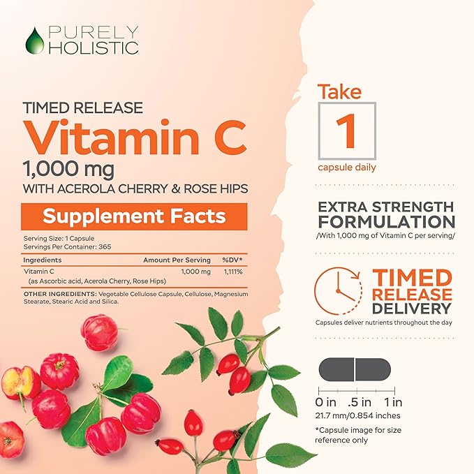 Purely Holistic Vitamin C 1000mg, 365 Capsules, 12 Month Supply, 2 Stage Timed Release with Ascorbic Acid, Rosehip & Acerola Cherry Bioflavonoid, Immune System Support, Vegan