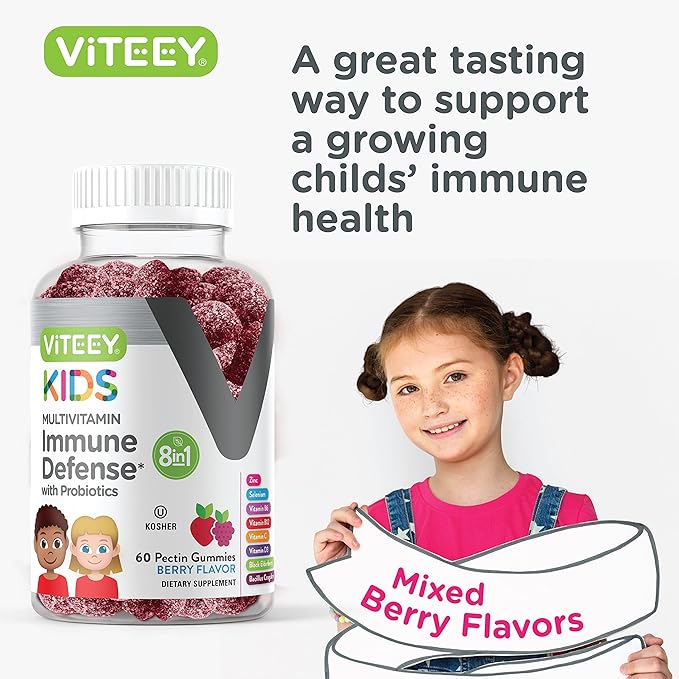 Viteey Kids Multivitamin Gummies with Probiotics - 8-1 Kids Vitamins for Immune Health Support with Vitamin C, D3, B12, B6, Zinc, Elderberry, Selenium - Vegetarian - Chewable Tasty Berry Flavored