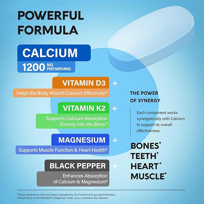 Calcium Supplements for Women - Calcium 1200 mg with Vitamin D3 & K2 - Bone Health, Strength & Density - High Absorption, Slow Release - Made in USA - Citrate & Carbonate Form, 180 Tablets for 2 Month