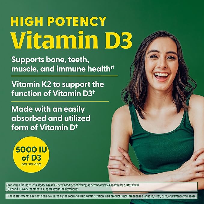 MegaFood Vitamin D3 5000 IU (125 mcg) - Vegetarian Supplements with Vitamin D3 K2 - Supports Bones, Teeth, Muscles & Immune Health - Certified Non-GMO - 120 Mini Capsules, 120 Servings