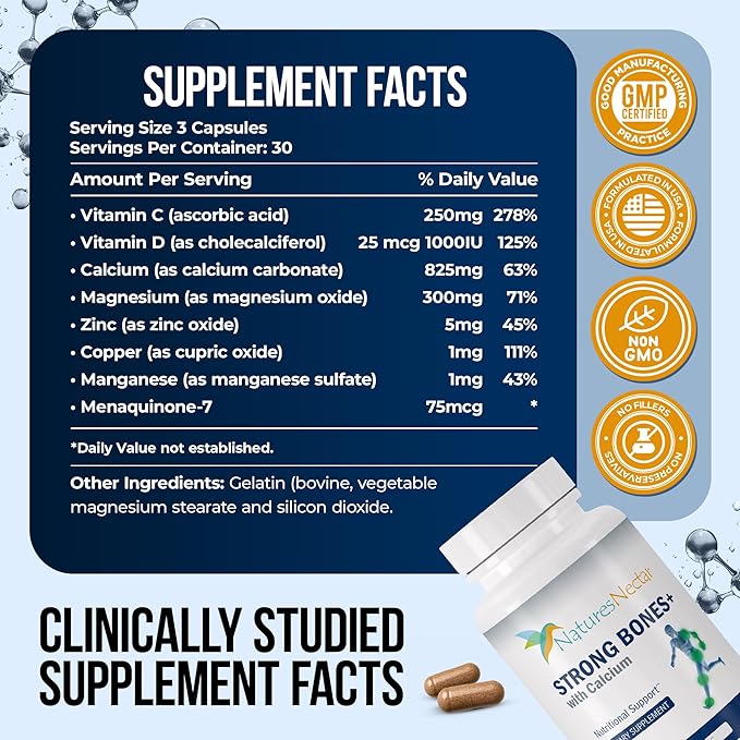 Nature's Nectar Bone & Joint Supplements for Men & Women – Supports Bone Health, Strength & Growth with Calcium, Vitamin D, Magnesium & Strontium – Bone Builder Formula for Maximum Absorption –90 Caps